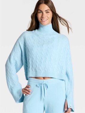 JoyLab Light Blue Cable Knit Cropped Turtleneck Sweater